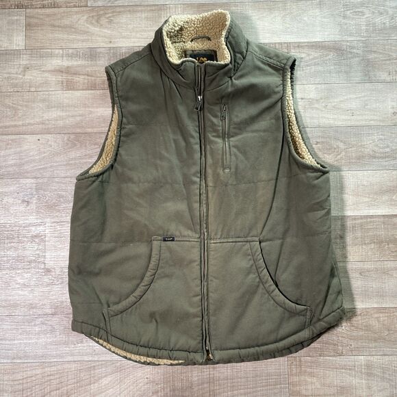 LEE Canvas Vest Men's Sz M Sherpa Lined Olive Green Zip-up Pockets Collared EUC - Picture 1 of 7